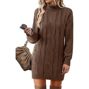 Women's Long Sleeve Turtleneck Sweater Dresses Ribbed Knit Midi Dress Coffee
